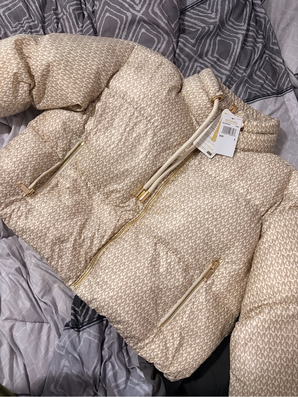 Michael Kors Cream-Beige MK Logo Puffer Jacket with Gold Hardware